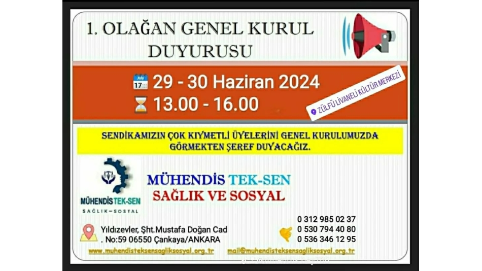 Mühendis Tek-Sen Sağlık ve Sosyal 1. Olağan Genel Kuruluna Gidiyor